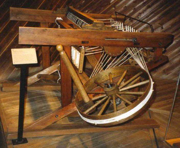 Spinning Jenny Equipment that takes fibers and turns them into several yarns or threads all at one time