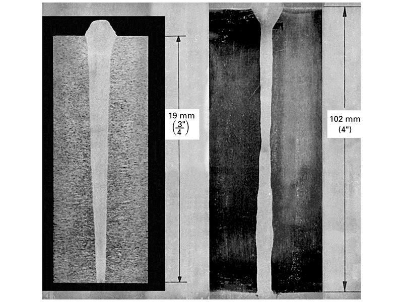 Examples of Electron Beam Welding FIGURE 33-3 (Left to right) Electronbeam welds in 19-mm-thick 7079 aluminum and