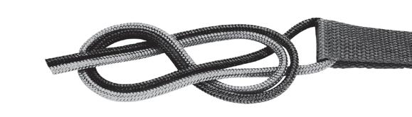 Tie a Black Drop Rope to each Webbing Strap (E) using a figure-eight knot. Pass free end of rope through the sewn Webbing Strap eye.