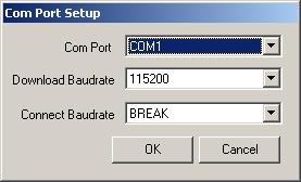 Choose the computer port to use from the Com Port drop down list and the baud rate from the Download Baudrate drop down list.