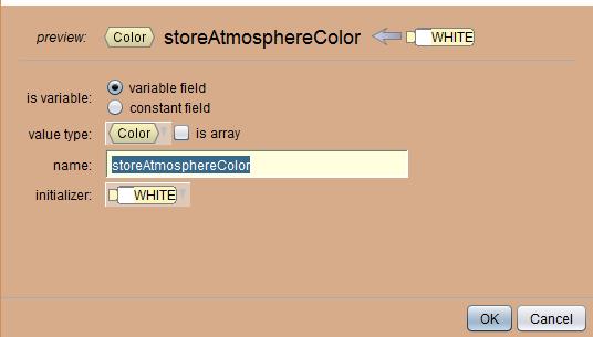 Value type: Other typesàcolor Name: storeatmospherecolor Initializer: WHITE