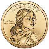 00 1999P Proof Est. 750000 22.00 1999D 11,776,000 3.00 Sacagawea Dollar Sacagawea bust right, with baby on back. Eagle in flight left. KM# 310 8.07 g., Copper-Zinc-Manganese-Nickel Clad Copper, 26.