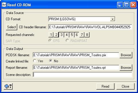 1.2 Data Input Under Processing Step goto Data Input and click on Read CD-ROM. Select PRISM (LGSOWG) as the CD Format and VOL file as the header file.