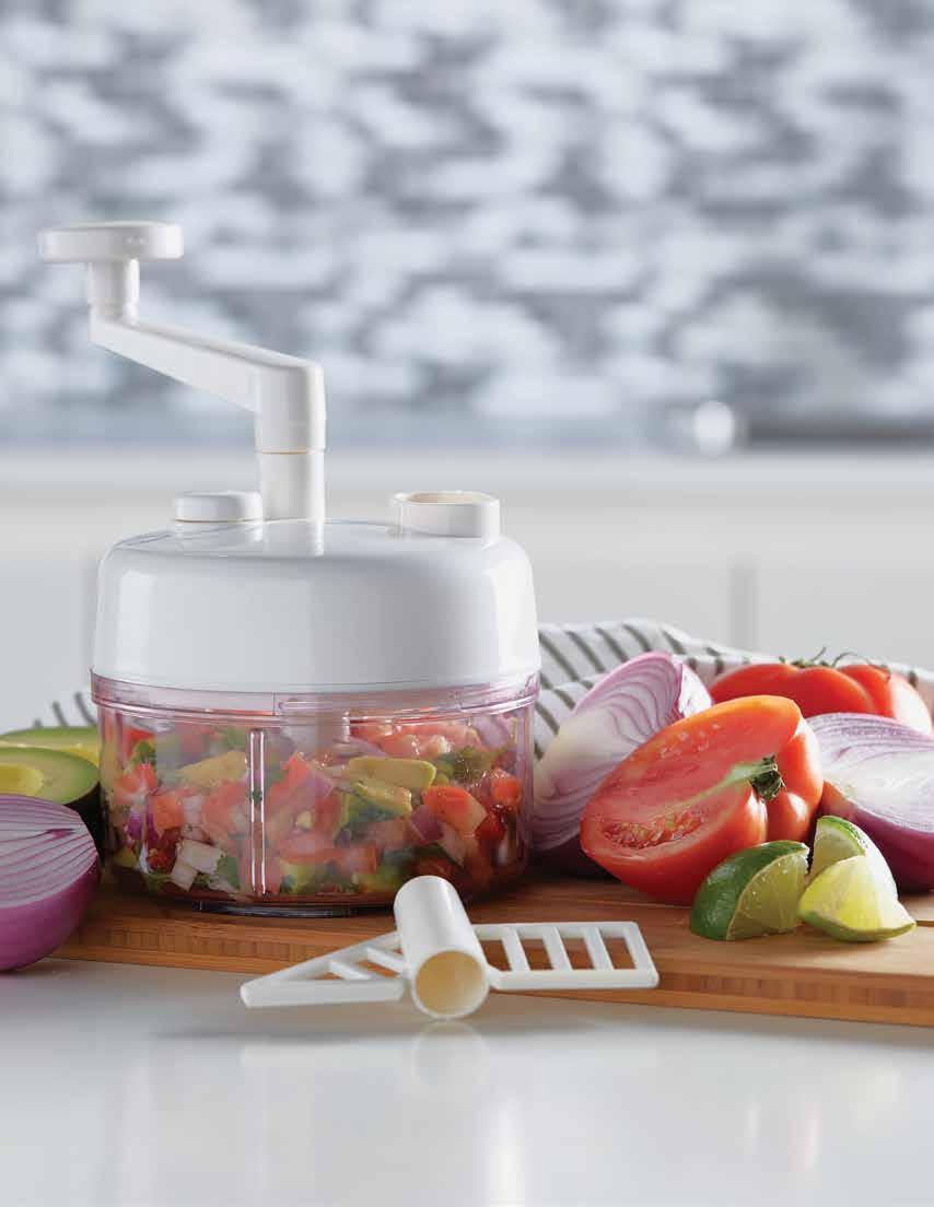 Turn large durable handle to chop, mix, blend and mince salads, dips, salsa and garlic.
