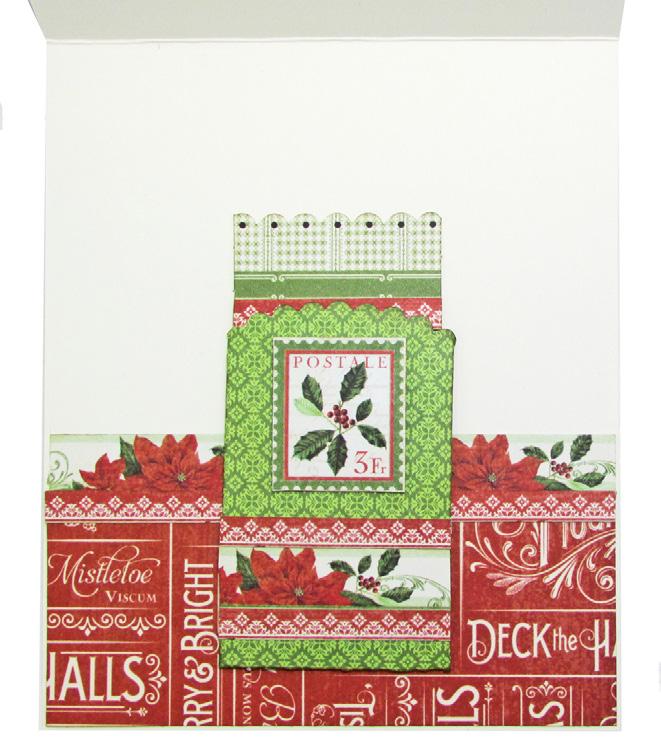 Decorate the pocket with the poinsettia and red border strips. Add one of the postage stamp images to the upper center of the pocket.
