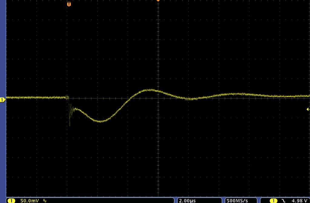Voltage Transient Response Turn On Transient 5 V 0.5 A Load with 0.01 µf capacitor Max Droop: 200 mv Setting time: 5 µs 5 V 0.5 A Load with 3.