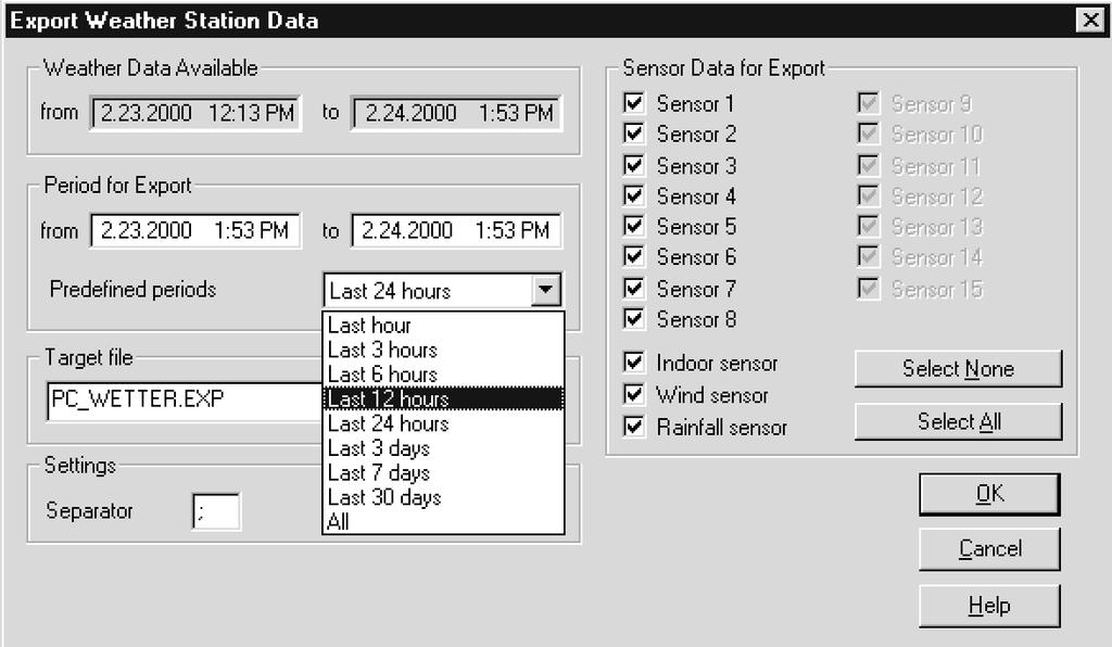 Weather Data File This function serves to open stored weather data files and create new ones in which data in the PC interface can be stored.