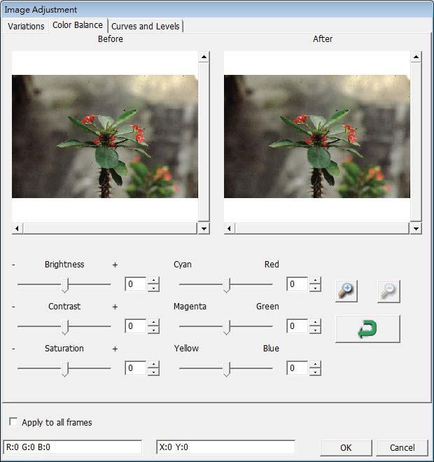 Example: If a previewed image appears too dark, use the Brightness slider in the Color Balance window to adjust the image by selecting the slider in the center and moving it to the right.