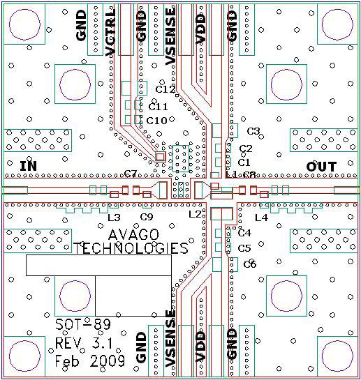 Application Schematic Components Table and Demo Board Vdd Top View C1/ C4 C2/ C5 C3/ C6 L1/L2 RFin C7 Vdd RFin 1 GND 2 RFout 3 C8 RFout Note: L1, C1, C2, C3 is for BOM -GHz and -GHz L2, C4, C5, C6 is