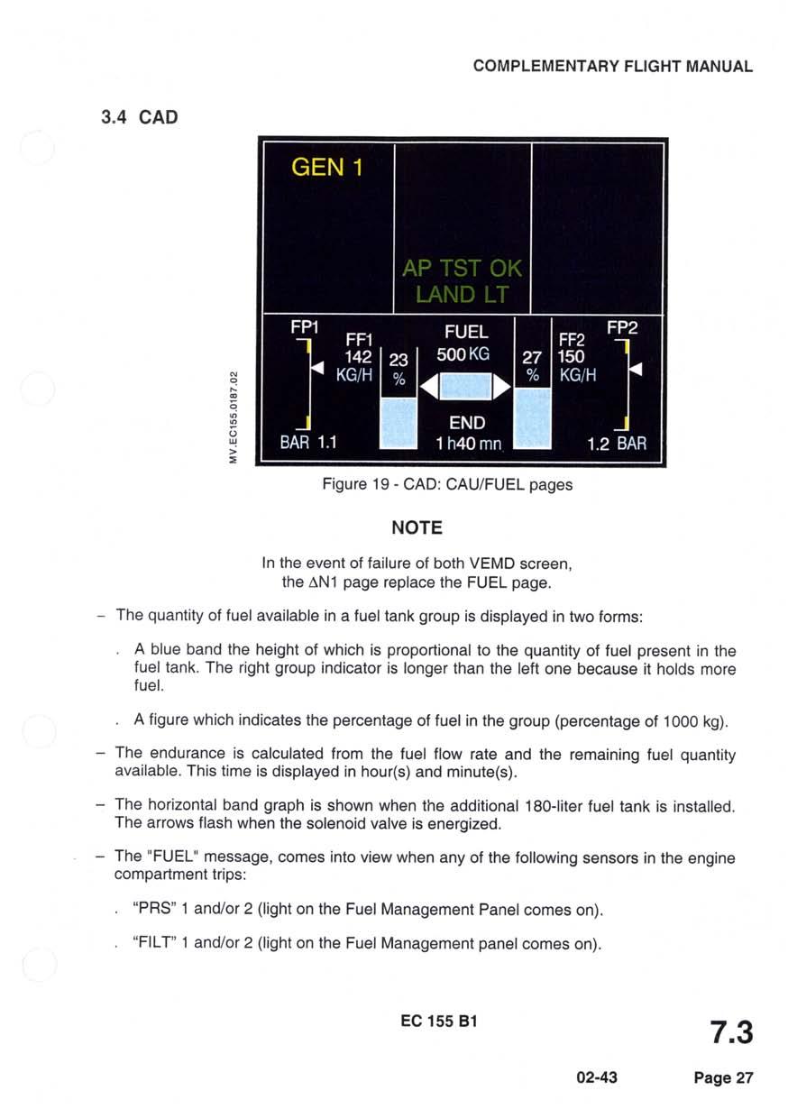F COMPLEMENTARY FLIGHT MANUAL 3.4 CAD l @ u) l ul Figure 19 - CAD: CAU/FUEL pages NOTE In the event f failure f bth VEMD screen, the AN1 page replace the FUEL page.