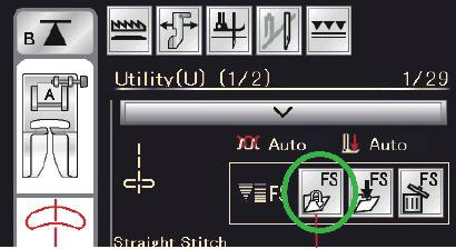 c. Touch FS1 to save the altered design. Note: You can save each stitch two times with a different altered setting. d. To open the altered stitch, open the Adjust window. e. Select the Open Favorite (FS-arrow coming out of folder).