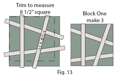 Cut along the drawn line (Fig. 11). 9) Re-join the (2) Fabric A pieces with (1) 1 ¼ x 11 Fabric B strip in between them (Fig. 12).