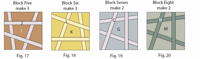 14) Repeat Steps 1-10 using (3) 8 ½ Fabric G squares and (12) 1 ¼ x 11 Fabric H strips to make (3) Block Fours (Fig. 16).
