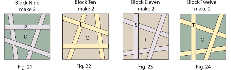 16) Repeat Steps 1-10 using (3) 8 ½ Fabric K squares and (12) 1 ¼ x 11 Fabric L strips to make (3) Block Sixes (Fig. 18).