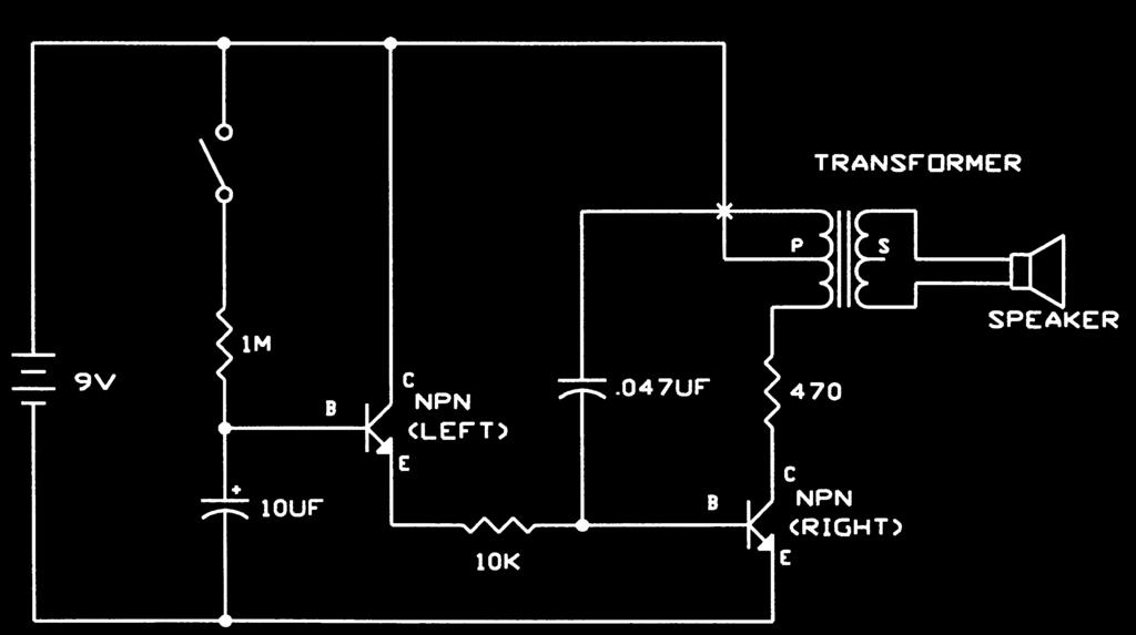 The circuit makes a siren sound that slowly fades away. Try the settings shown here to view it.