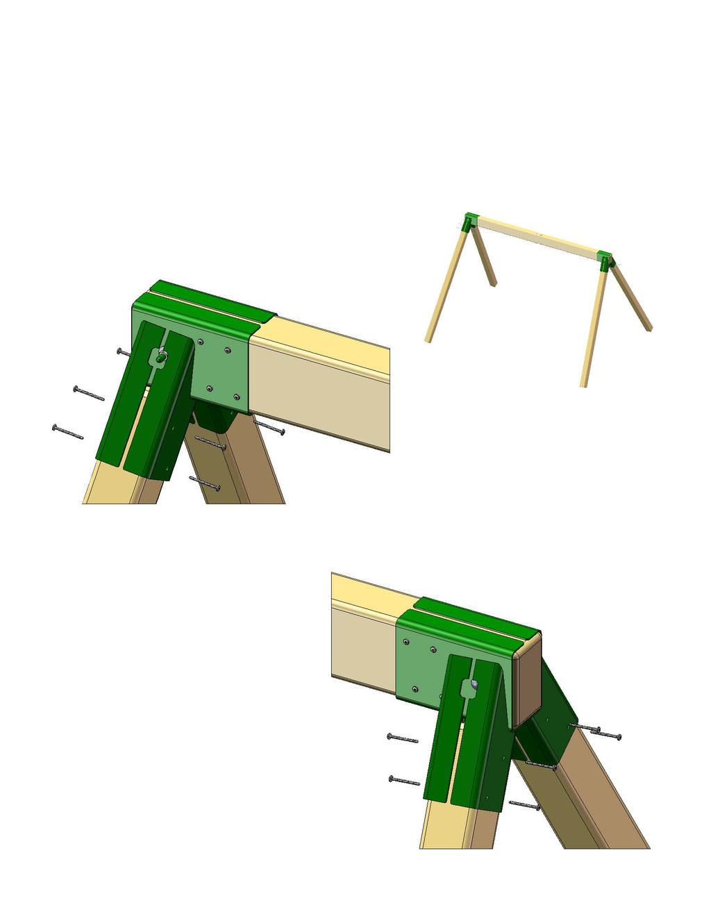 1: FIND THE FOUR 4 X 4 X 72" SWING LEGS. STEP 3: SWING LEGS 2: PLACE THE LEGS INSIDE THE SQUARE OPENING OF THE SWING LEG BRACKET AND ALLOW THE LEGS TO GO IN UNTIL THEY STOP.