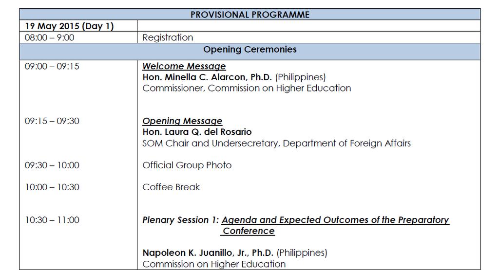 Program of Activities Preparatory Conference on APEC High-
