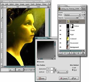 With the Beam of Light layer mask still active in the Layers dialog and the canvas selected, press D and then X to set the foreground color to white. 8.