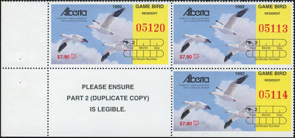 AD4 (AW957) - $7.90 + GST Alberta 1992 Resident Game Bird Hunting stamp VF*NH Block of 4.