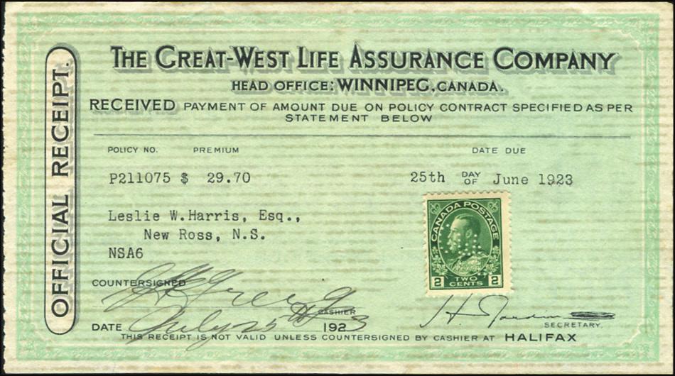 GWL PERFIN on 1923 Great West Life Assurance Co. receipt.