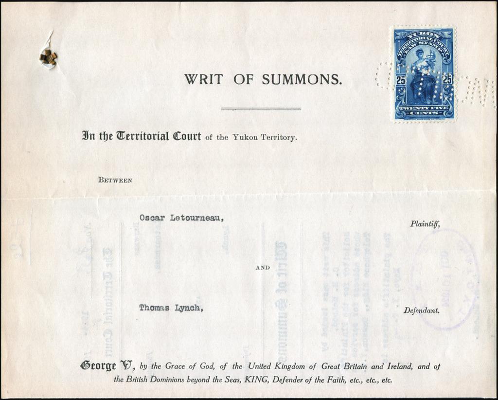 $40 (±US$32) YL8 on complete 1924 Yukon legal size printed document WRIT OF SUMMONS To save