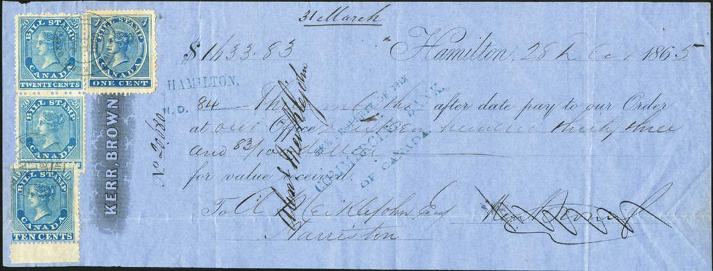 1865 Hamilton $1633.83 note. The required tax of 51c paid with FB1-1c, FB11-20c pair and FB10-10c blue, sheet bottom margin single.
