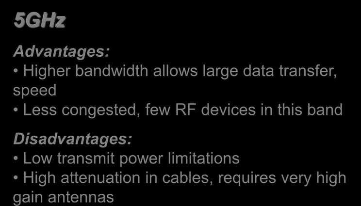 Less congested, few RF devices in this band Disadvantages: Low transmit power