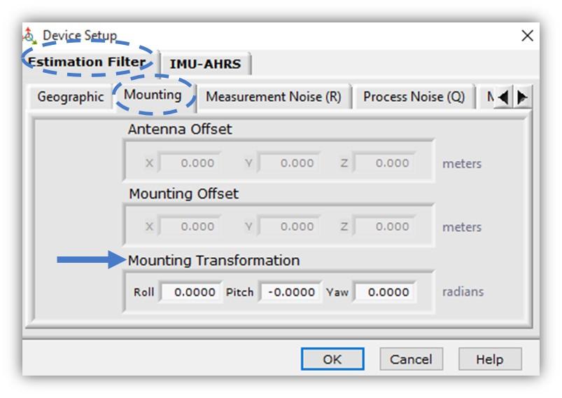 In the MIP Monitor software the transformation setting s are entered at: Settings > Device > Estimation Filter > Mounting in the field (Figure 21 - Platform Frame Settings).