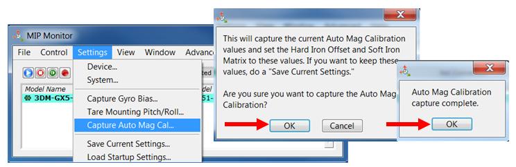 5.3.2 Capture This command captures the current value of the auto-calibration, applies it to the current fixed hard and soft iron calibration coefficients, and replaces the current fixed hard and