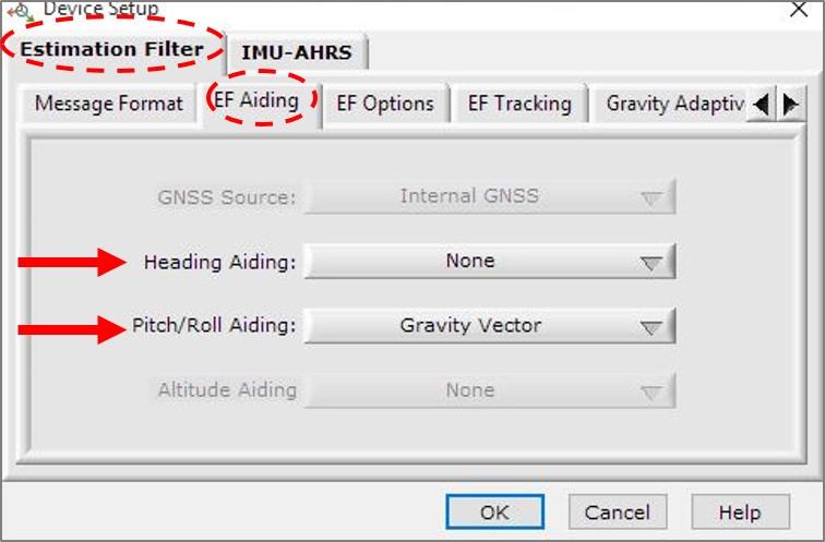 5.5 Estimation Filter Aiding There are two categories to customize heading and pitch-roll.