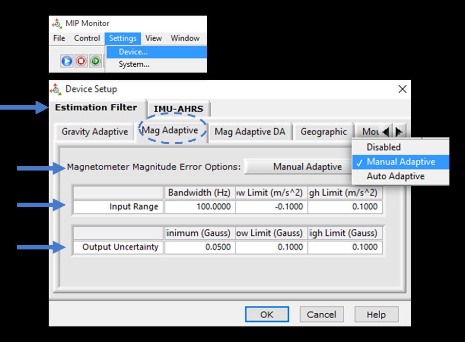 5.7.2 Mag Adaptive Enabling this feature will allow the filter to reject magnetometer readings when the magnitude error exceeds the high limit (in m/s ^ 2).