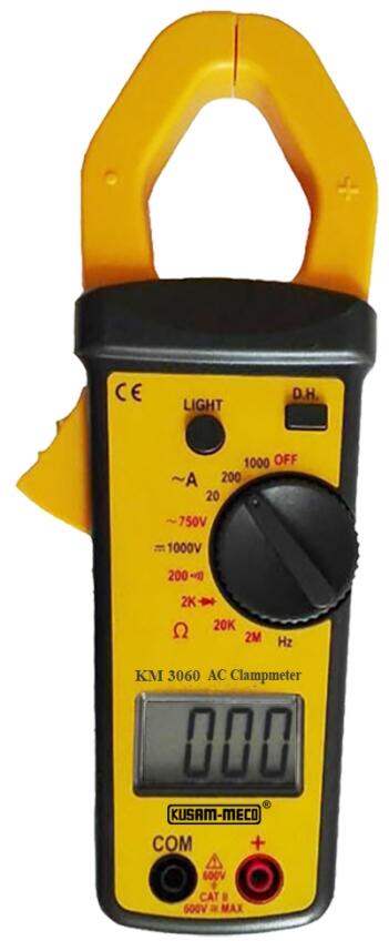 An ISO 9001:2008 Company 1000A AC DIGITAL CLAMPMETER MODEL KM 3060 GENERAL SPECIFICATIONS : í AC Current : 0.01A ~ 1000A í AC Voltage : 1V ~ 750V í DC Voltage : 1V ~ 1000V í Resistance : 0.