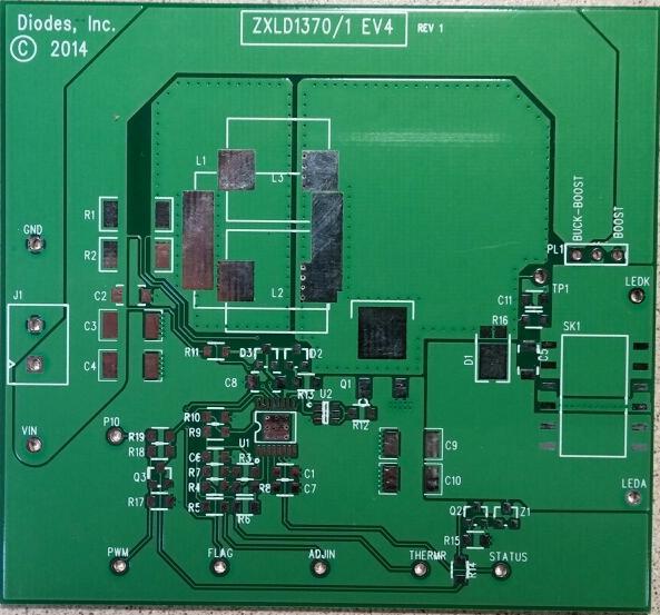 Evaluation Board Layout Figure 4: PCB Board Layout Top View Figure 5: PCB Board Layout Bottom View Quick Start Guide 1. By default, the evaluation board is preset at 1.5A LED current by R1 & R2. 2.
