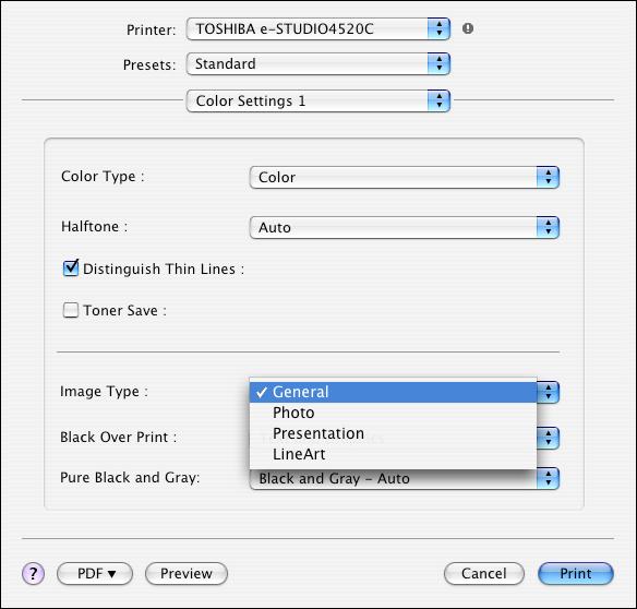3. Printer-specific Adjustments For Macintosh Mac * This adjustment will have an effect only on full-color printing. Open the print dialog box. Change the "Image Type" option.