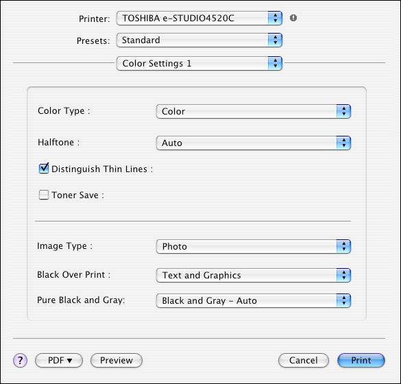 3. Printer-specific Adjustments For Macintosh Mac * This adjustment will have an effect only on full-color printing Open the print dialog box. Select "Photograph" from among the "Image Type" options.