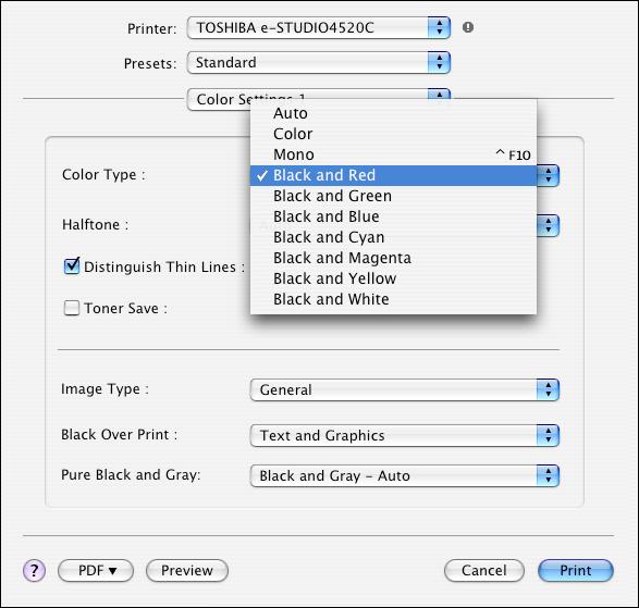 3. Printer-specific Adjustments For Macintosh Mac Open the print dialog box. Select "Twin color (Black & ***)" from among the "Color Type" options.