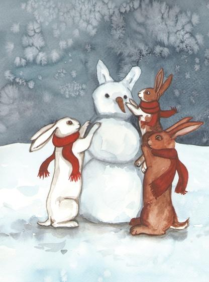 January is a time for playing in the snow with friends and family. The Easter Bunny enjoys making a big bunny snowman with his children.
