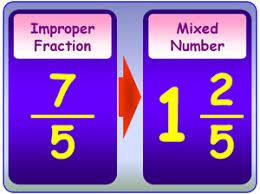 CONVERTING FRACTIONS To convert an improper fraction to a mixed number, simply divide the number by the denominator: Examples: 12 5 = 12 5 = 2 r 2 We write this as 2 2 5.