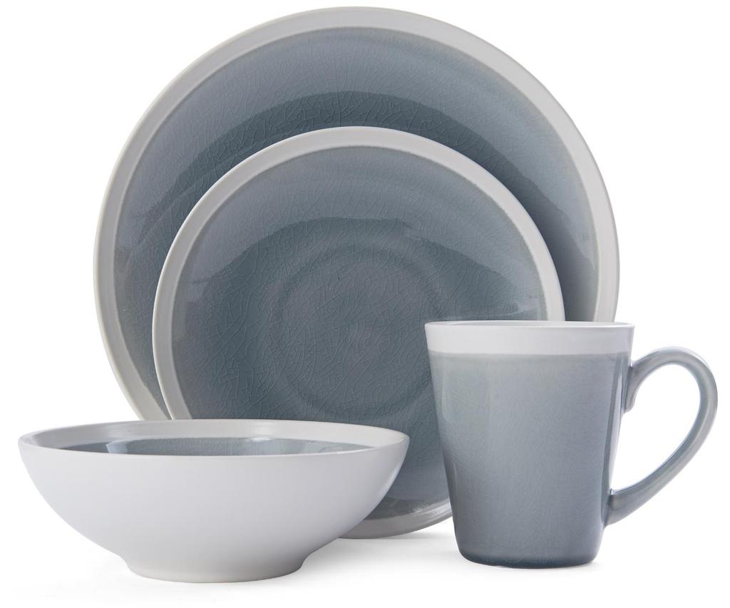 Mikasa Brielle dinnerware features a sophisticated grey reactive glaze with a crackle finish with white edges on the plates and mug and a white exterior on the bowl.