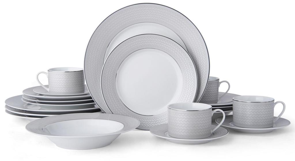 Mikasa Percy Grey dinnerware is sleek and stylish, with a rope pattern and elegant platinum band.