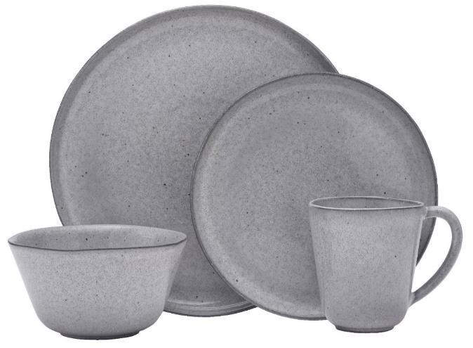 Mikasa Rowan Grey dinnerware is made in Portugal with a speckled grey reactive glaze on stoneware.