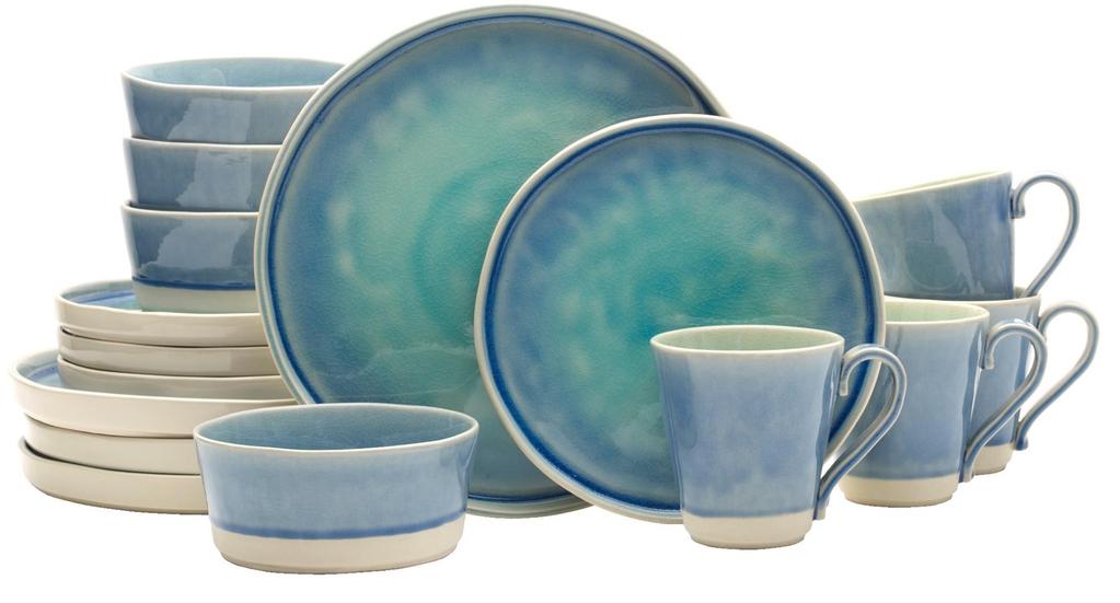 Mikasa Curacao dinnerware features a striking blue and aqua reactive glaze reminiscent of sunlight sparking through clear Caribbean waters.