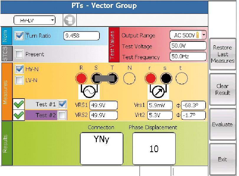 The display shows: The test current and angle The test voltage, primary and secondary Actual ratio and ratio error Phase shift and polarity VECTOR GROUP The test is performed connecting the high AC