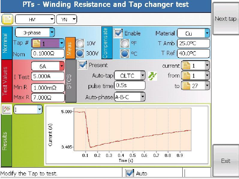 Input parameters are: the test voltage and frequency, the nominal turn ratio, the presence of neutral winding.