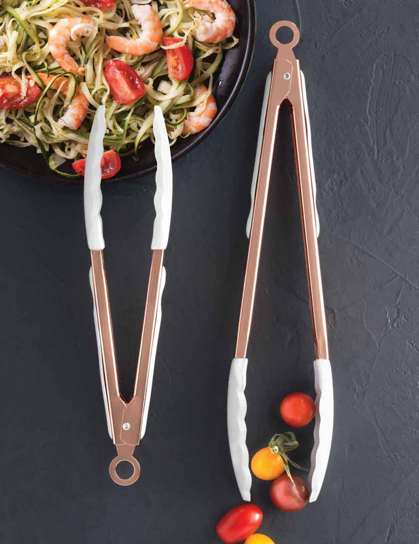 324 All Purpose Copper Tongs, Set of 2 Juego de 2, Pinzas de Cobre The perfect kitchen tool for the oven or grill. Set of 2 tongs turn, lift, or serve food easy without scratching non stick surfaces.