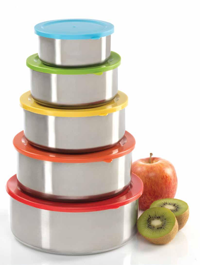 COLORFUL kitchens Whip, blend, chill, serve, store 331 Stainless Steel Storage Containers with Lids, Set of 5 Juego de 5 Recipientes con Tapas de Acero Inoxidable para Almacenamiento Whip, blend,