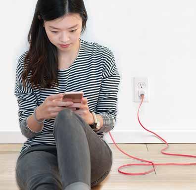 long, red charging cable works with both iphone and Android and is