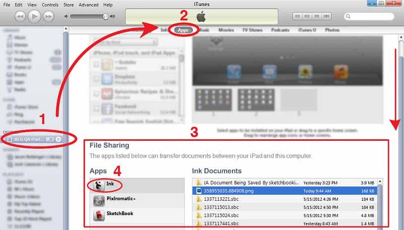 The importance of using the itunes Connect folder When you export sketches to itunes, they appear in your itunes device s Apps tab, under File Sharing. Select and save them to your computer.