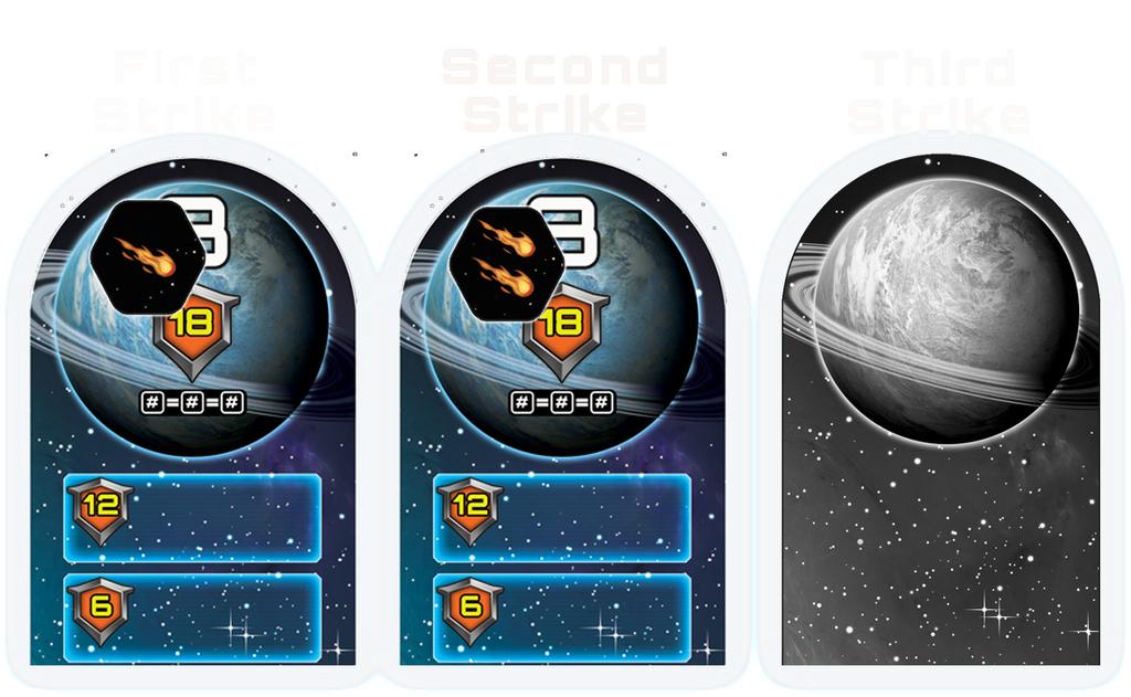 The first time a meteor hits a planet, place a meteor token from the supply, with the side showing 1 meteor, on the planet. If the planet is struck a 2nd time, flip the token to show 2 meteors.
