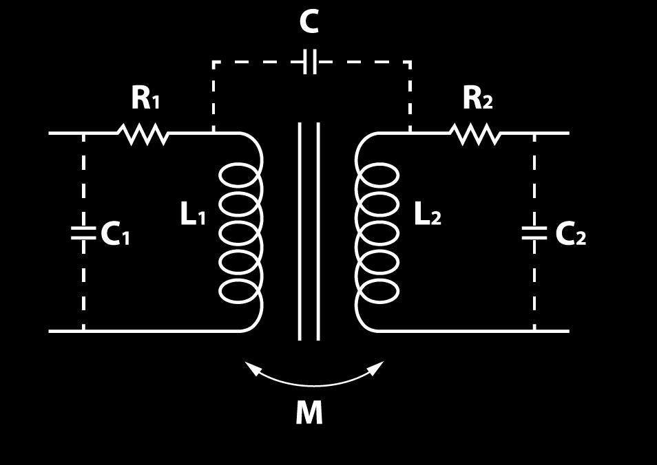 primary and secondary inductance L1, L2, turn ratio (N, 1/N), mutual inductance (M), and primary and